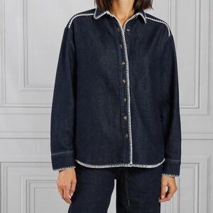 Women's Dark Blue Denim Jacket with Contrast Stitching